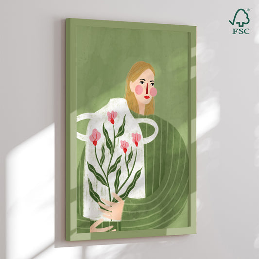 Framed art print - The Woman with Pink Vase - Bea Müller