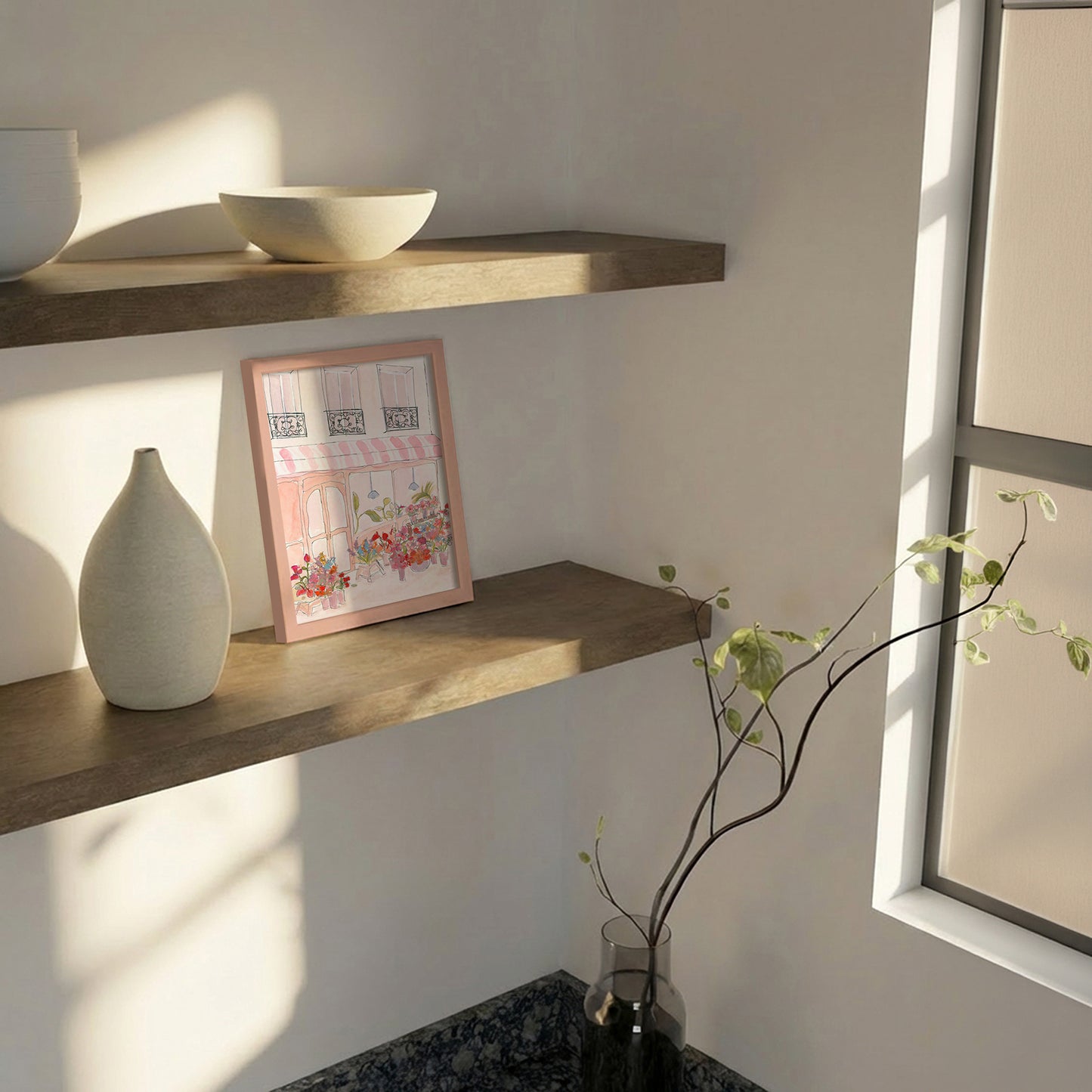 Indrammet kunsttryk - Pink Flower Shop - Katharina Puritscher