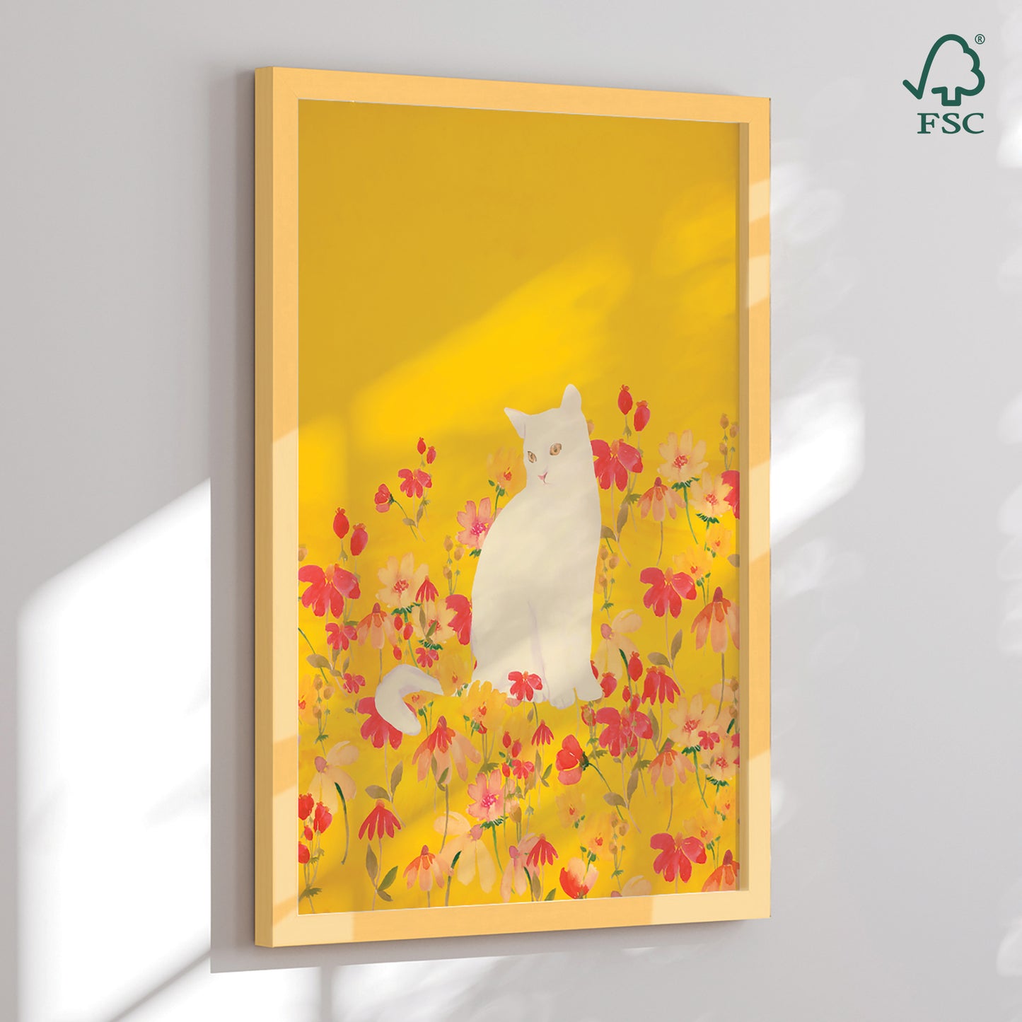 Indrammet kunsttryk - Cat in a Field of Flowers - ThingDesign