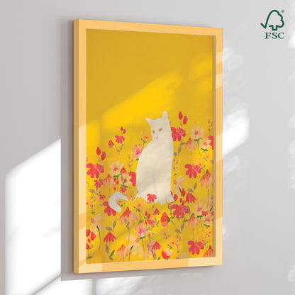 Indrammet kunsttryk - Cat in a Field of Flowers - ThingDesign
