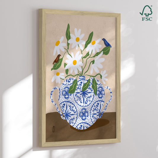 Framed Art Print - Daisies In Blue Teapot - Dirkie Nell
